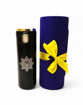 Подарунок поліцейському - Термочашка з гравіюванням емблеми Національна поліція, чорна в подарунковому тубусі