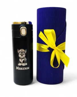 Дитяча іменна термочашка з гравіюванням «Щенячий патруль», чорна в подарунковому тубусі