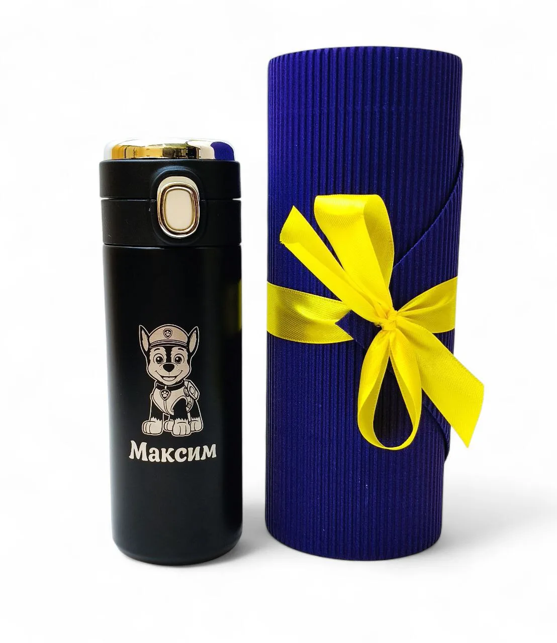 Дитяча іменна термочашка з гравіюванням «Щенячий патруль», чорна в подарунковому тубусі