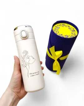 ПОдарунок для жінки/дівчини - Термочашка з мотиваційним гравіюванням «Ти можеш все, я вірю в тебе!», молочна в подарунковому тубусі